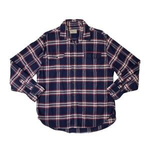 Jachs Shirt Mens L Large Navy White Cotton Flannel Plaid Button Up Long Sleeve